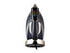 Dark grey and gold steam iron with a digital display showing fabric settings