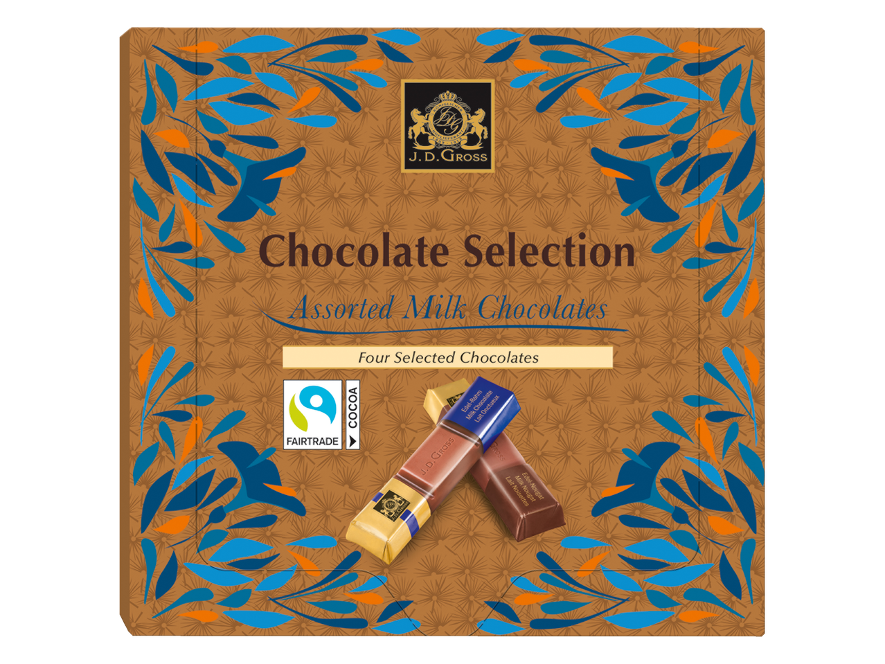 Boîte de sélection de chocolats J.D. Gross avec des chocolats au lait assortis, y compris du cacao équitable.
