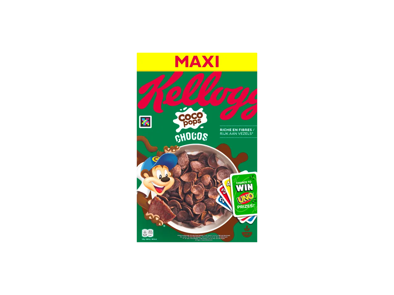 Kellogg's Coco Pops Chocos maxi-verpakking met Uno-prijsactie.