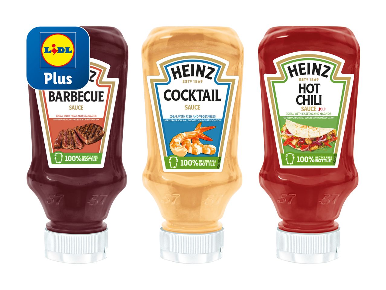 Drei Heinz-Saucenflaschen: Barbecue, Cocktail und Chili