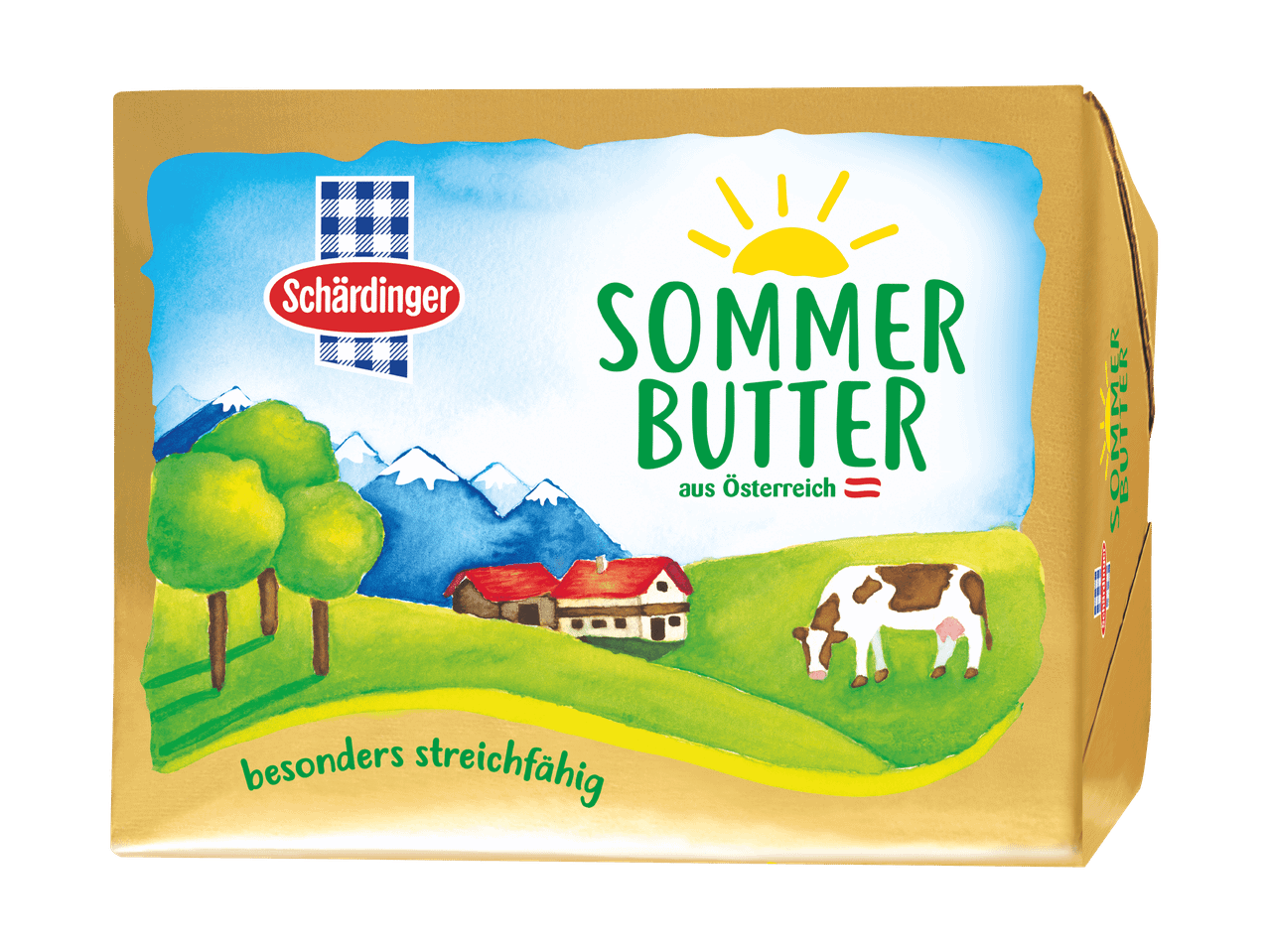 Schärdinger Sommerbutter-Packung mit ländlicher Szene und Kuh.