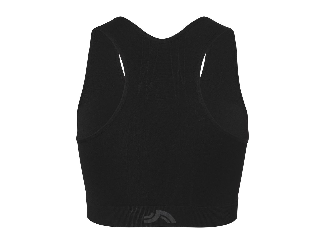 Black seamless sports bra with a racerback design and subtle logo on the band.