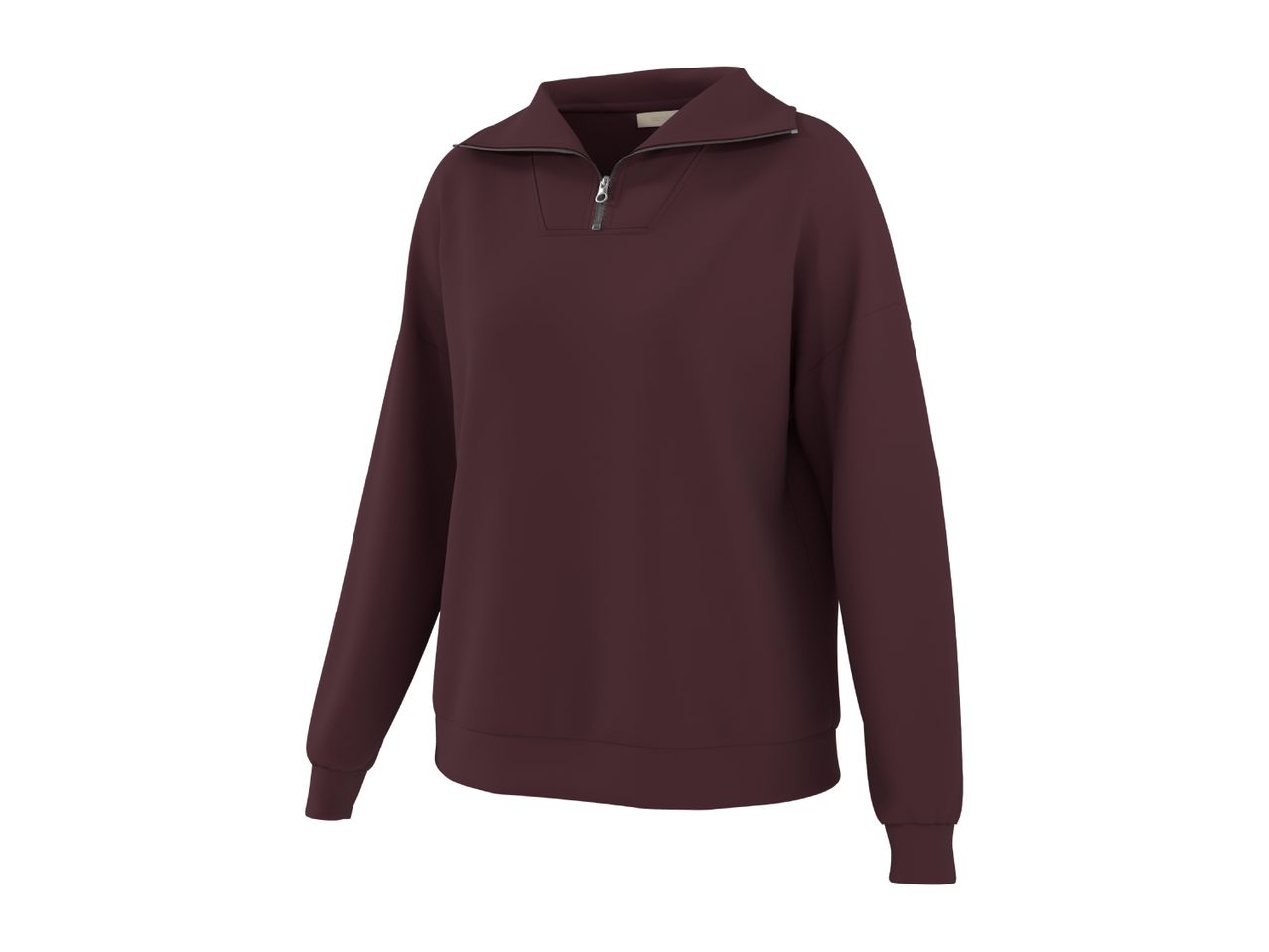 Maroon quarter-zip sweatshirt with a collar, long sleeves, and ribbed cuffs and hem.