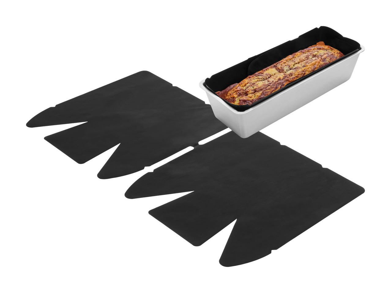 En brødform med tilhørende bagepapir.