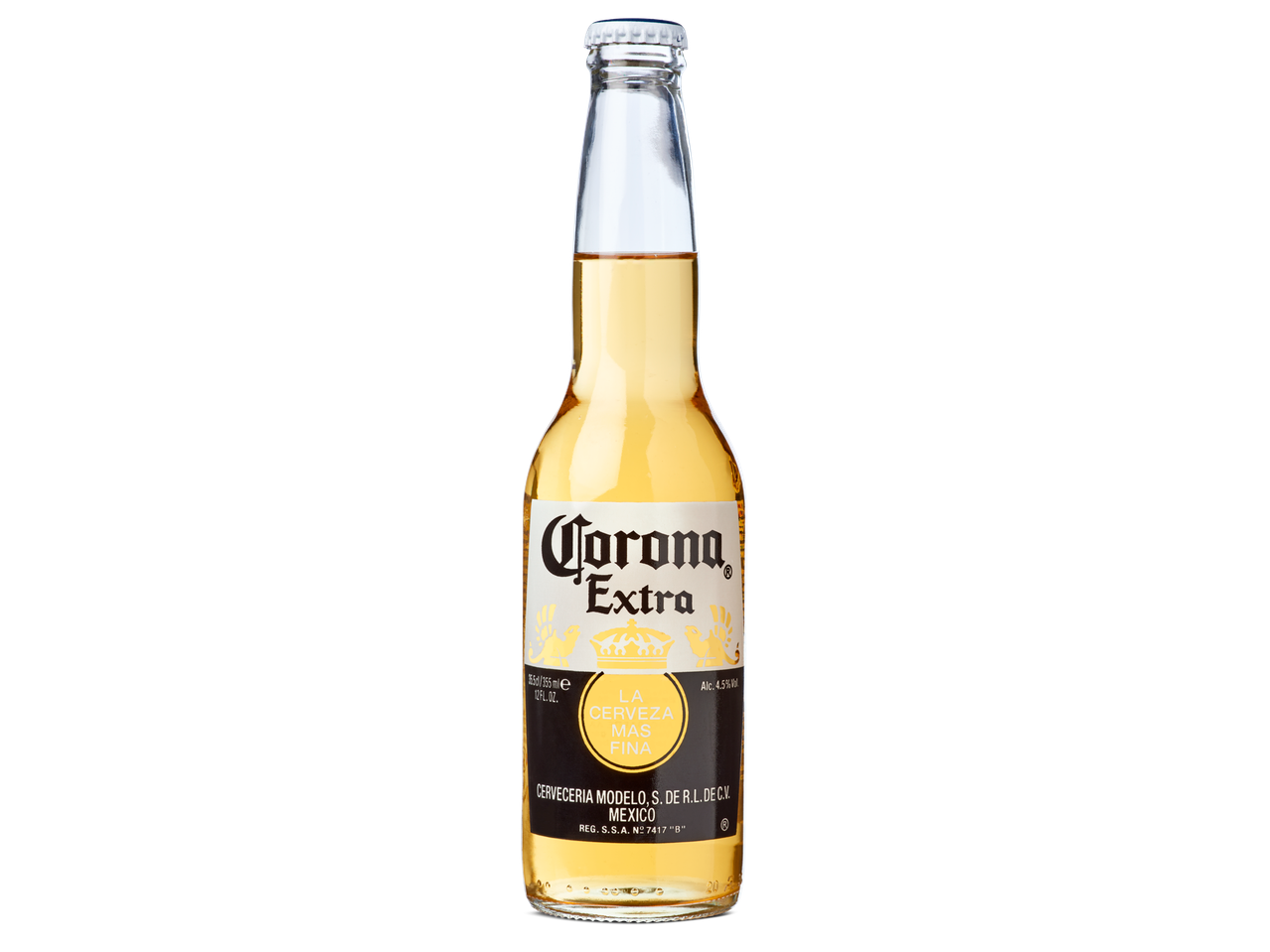 Een fles Corona Extra bier met etiket op een zwarte achtergrond.