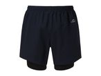Men's navy blue running shorts with an elastic waistband and integrated black compression shorts.