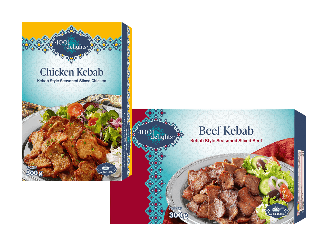 1001 Delights Gefrierprodukte: Hähnchen- und Rindfleisch-Kebap.