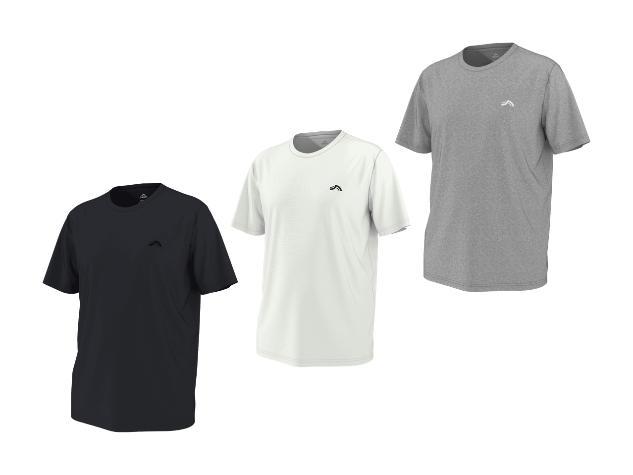 Tre magliette sportive da uomo in nero, bianco e grigio.