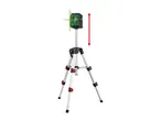 A green laser level on a tripod with a red arrow indicating vertical adjustment.