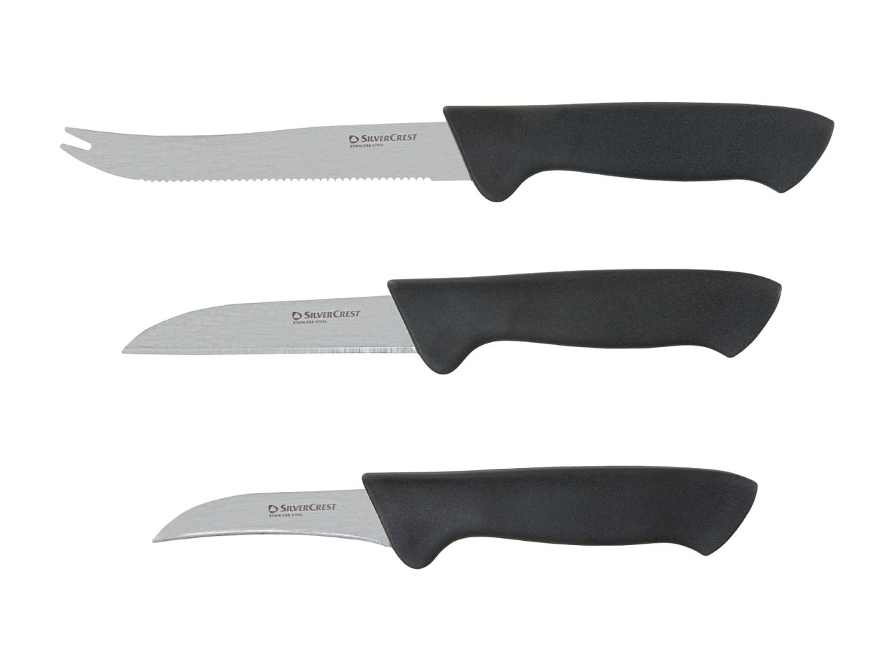 Three stainless steel knives with black handles, including a cheese knife, a utility knife, and a paring knife.