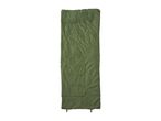 Green sleeping bag with a quilted design, isolated on a white background.