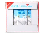 Verpakking met zes pakken houdbare magere melk, 0,1% vet.