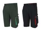 Zwei Arbeitsshorts in Dunkelgrün mit hellgrünen Akzenten und Schwarz mit roten Akzenten.