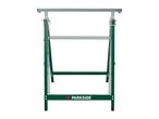 Green and silver sawhorse with a horizontal support bar and folding legs.