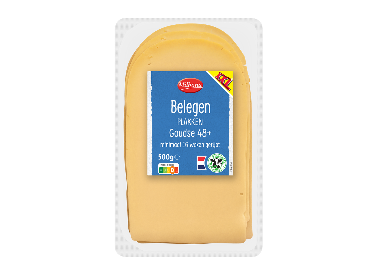 Verpakking met plakken Goudse kaas 48+, minimaal 16 weken gerijpt, 500g