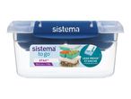 A clear plastic food storage container with a blue lid and a 1.15-liter capacity.