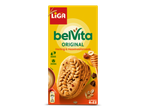 Een gele verpakking met koekjes met honing- en hazelnootsmaak, met een afbeelding van de koekjes, honing en hazelnoten.