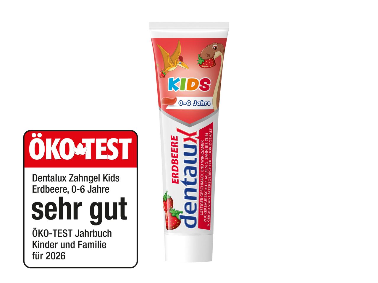 Kinderzahnpasta mit Erdbeergeschmack für 0-6 Jahre, ausgezeichnet mit „sehr gut“ von ÖKO-TEST.