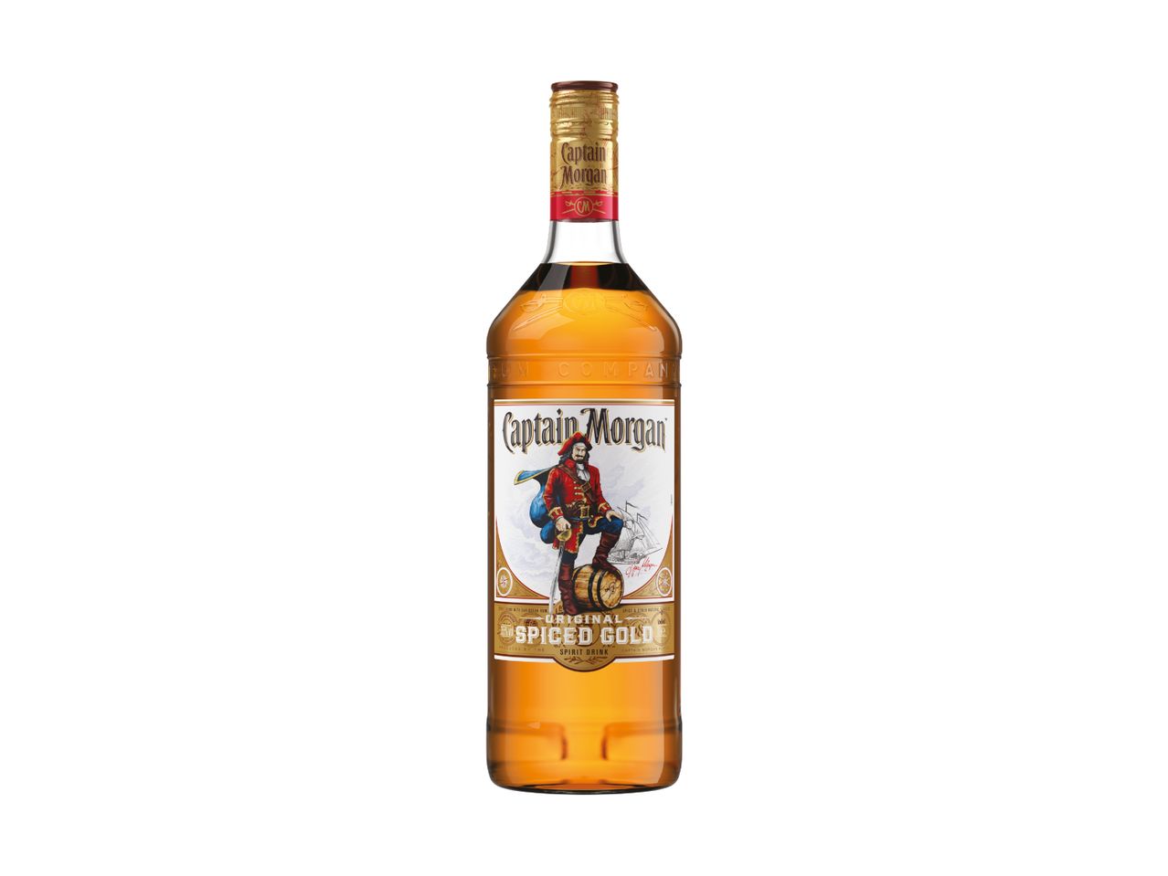 A bottle of spiced rum with a pirate illustration on the label, featuring a gold cap.