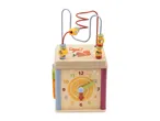 Wooden activity cube with a bead maze, clock, and animal illustrations.