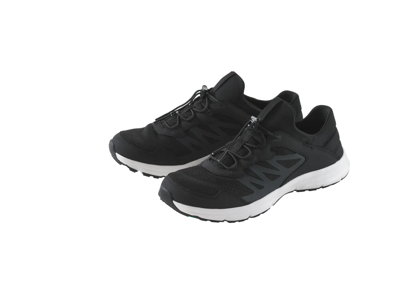 Pair of black athletic shoes with white soles.