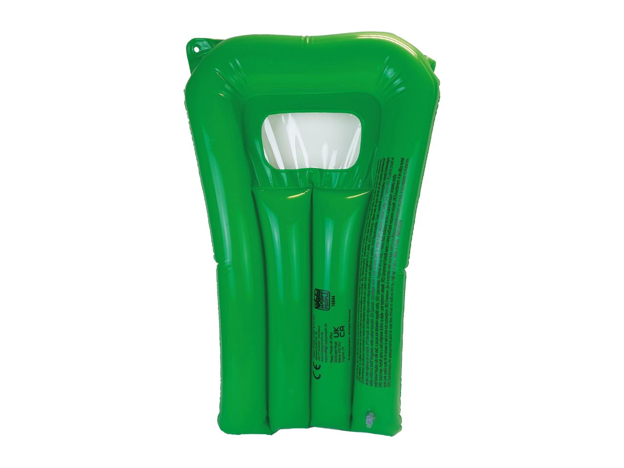 Green inflatable baby float with a clear window and safety warnings.