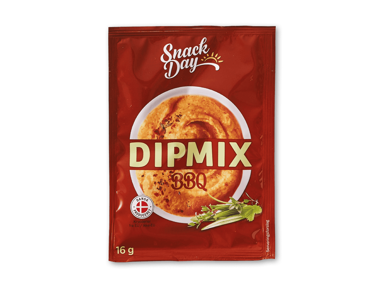 En rød pose med dipmix med BBQ-smag, der viser en skål med dip og krydderurter.