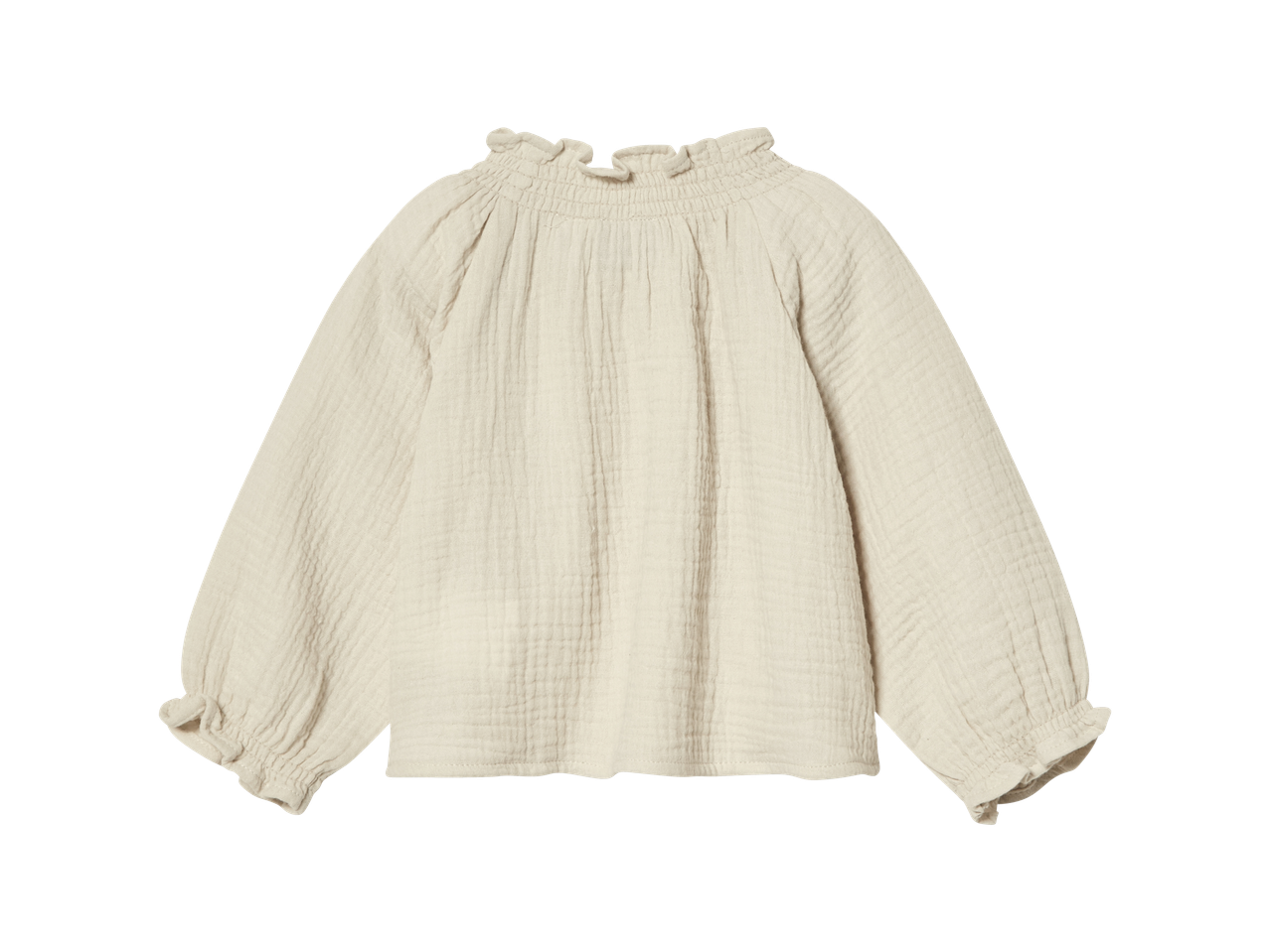 Blusa bege de manga comprida com detalhe smock.