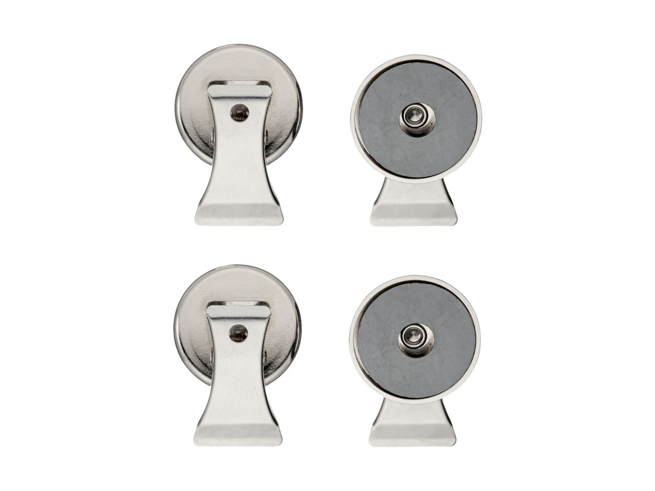 Four magnetic clips, two showing the front and two showing the magnetic back.