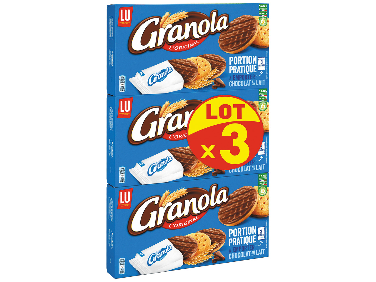 Trois paquets de biscuits au chocolat au lait, avec la mention 'LOT x3' au centre.