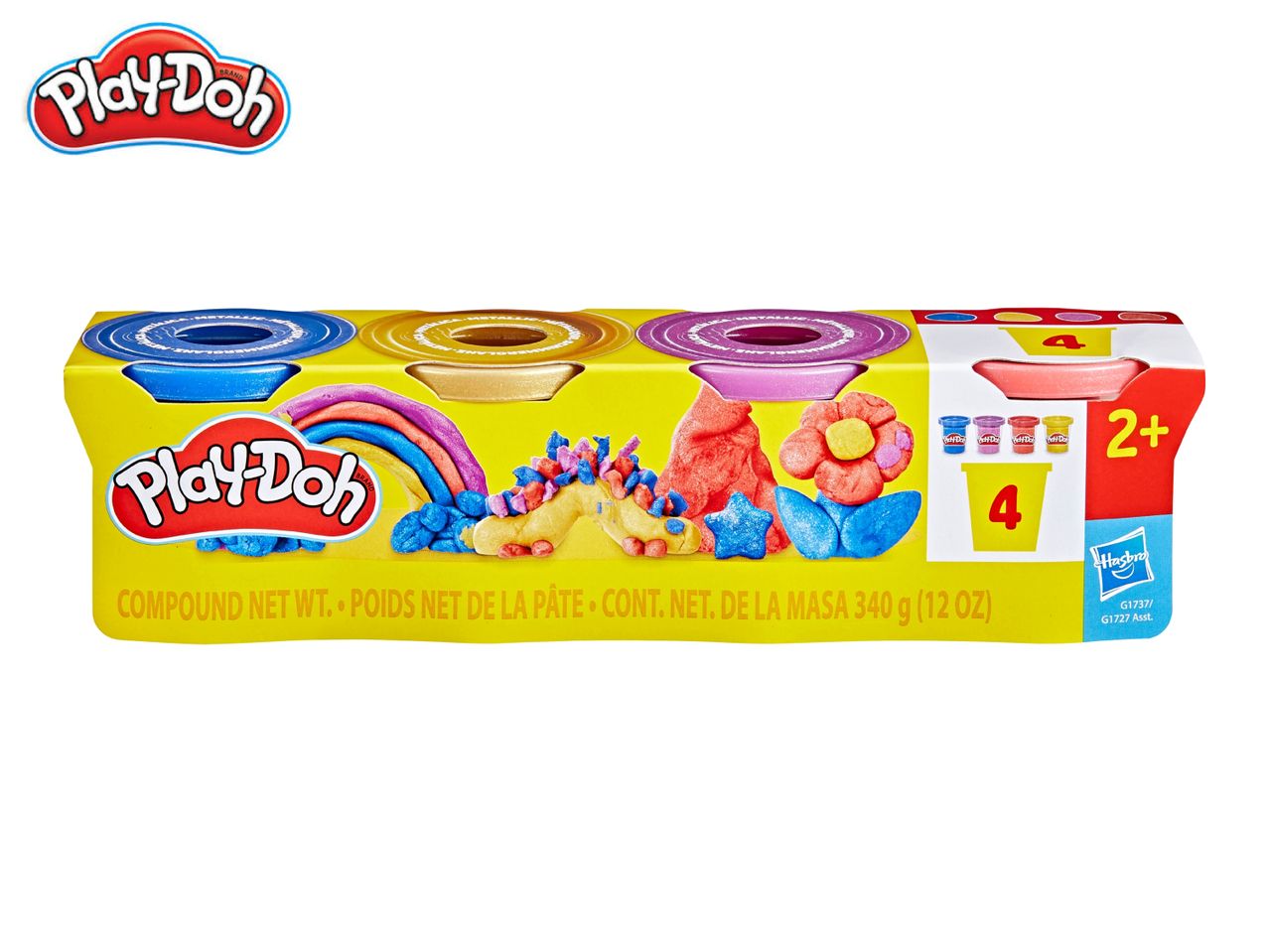 Play-Doh 4-pack with metallic colors, featuring a unicorn, rainbow, and flower creations.