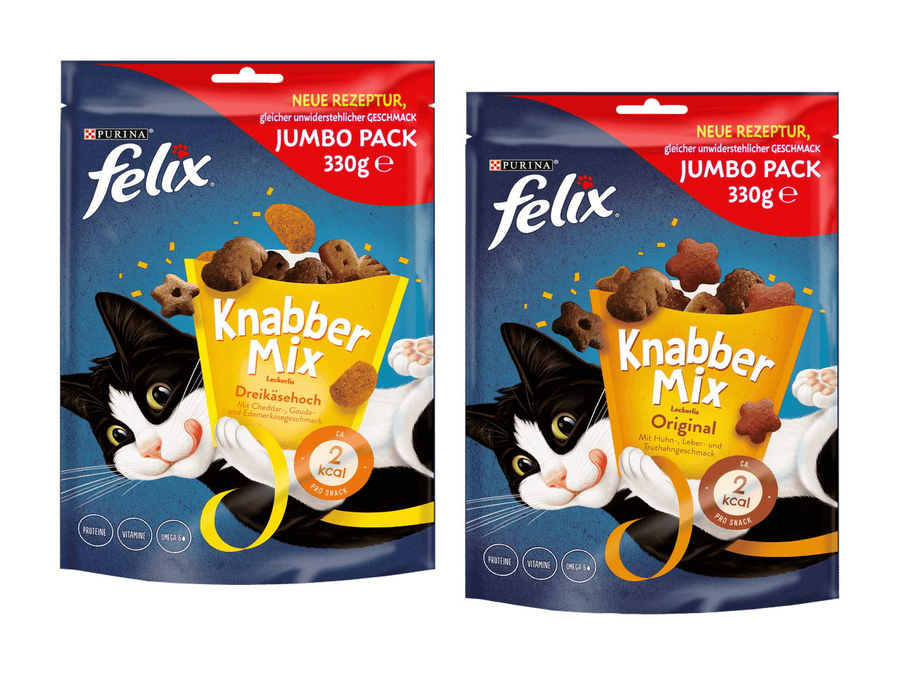 Zwei Packungen Felix Knabber Mix Katzensnacks: Dreikäsehoch und Original.