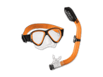 Orangefarbene Taucherbrille und Schnorchel mit schwarzem Mundstück und Band.