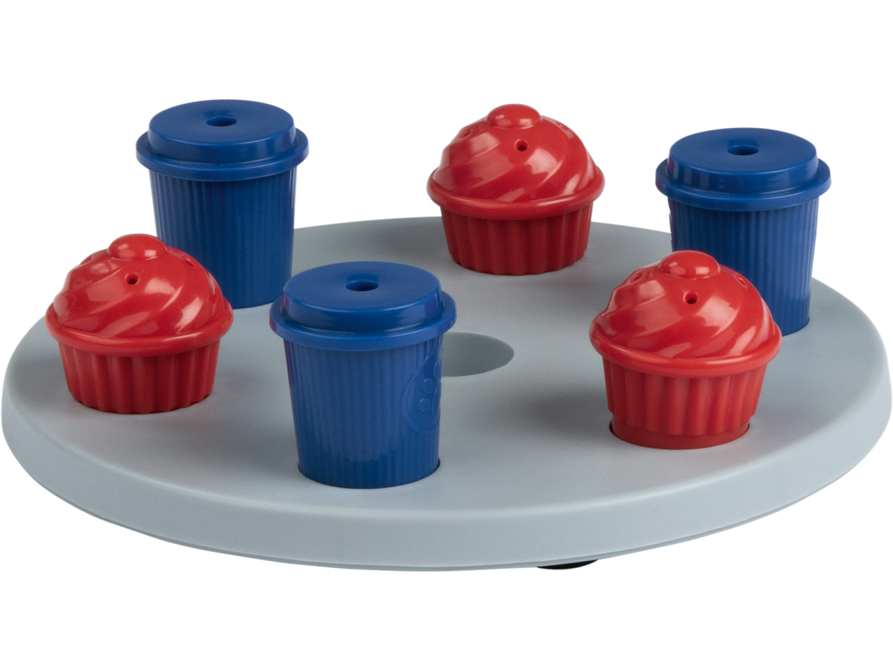 Brinquedo para animais de estimação ZOOFARI: Cupcakes vermelhos e chávenas de café azuis numa base cinzenta.
