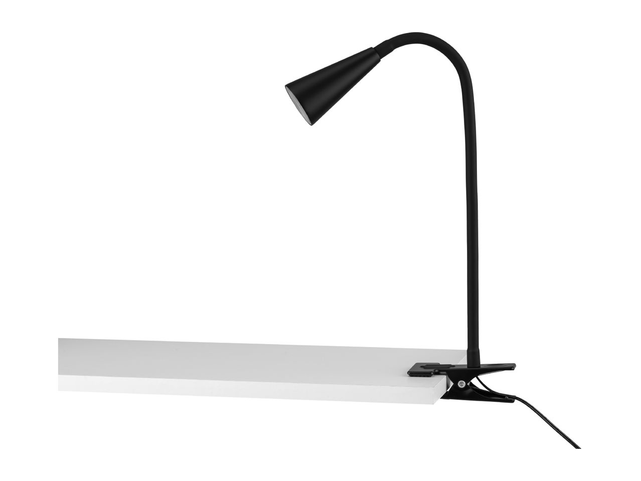Black clip-on desk lamp attached to a white surface