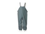 Children's waterproof dungarees in a teal color with reflective stripes and adjustable straps.