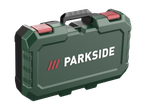 Žalias Parkside® įrankių dėklas, tikriausiai 20V pjūklui.
