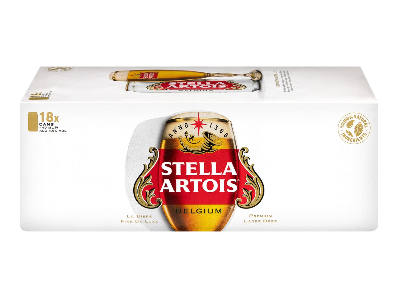 White beer carton with a glass of lager, 18 cans, 440ml, 4.6% ABV, 100% natural ingredients.