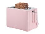 Pink toaster with two slices of multigrain bread, ready for toasting.