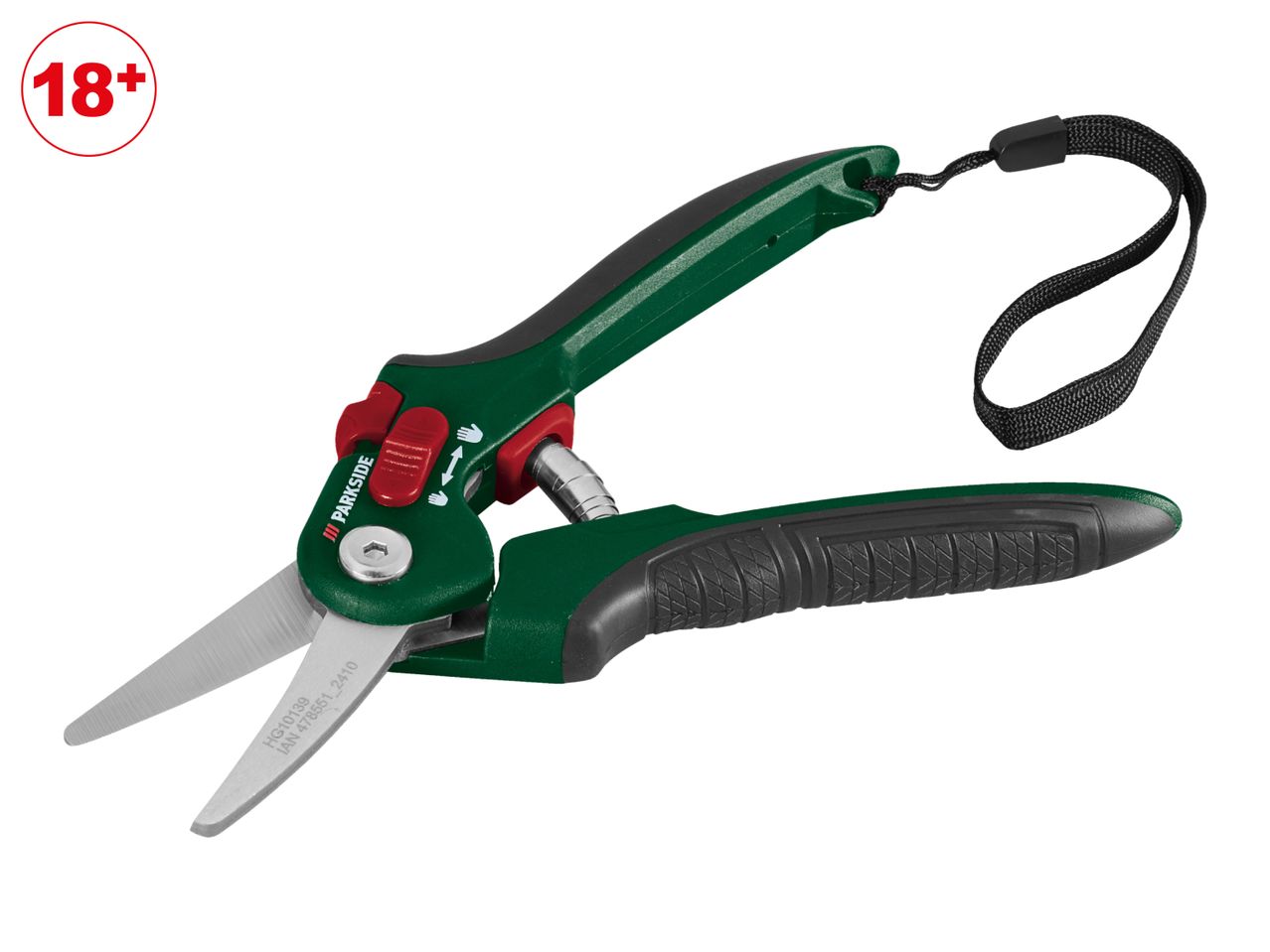 Green and black garden shears with a red safety lock and a wrist strap, marked 18+.
