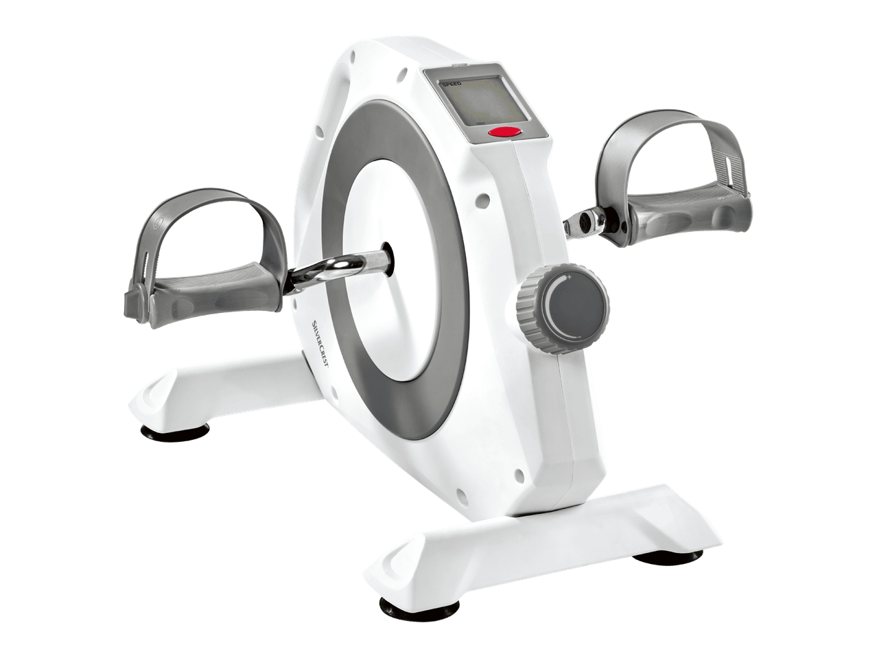 Silvercrest-polkupyöräergometri, jossa on digitaalinen näyttö ja harmaa vastuksen säädin.