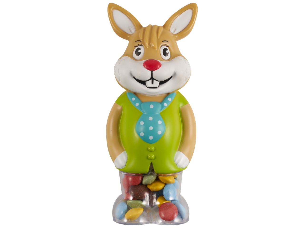 Paashaas snoepdispenser met kleurrijke snoepjes erin, draagt een groen shirt en blauwe stropdas.