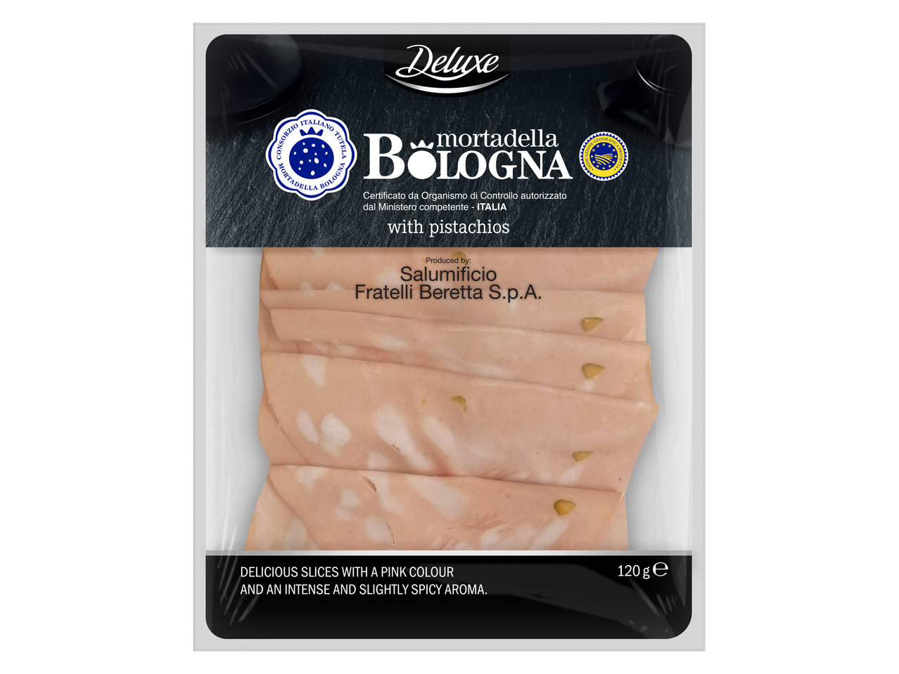 Deluxe Boloņas mortadella ar pistācijām, Fratelli Beretta.
