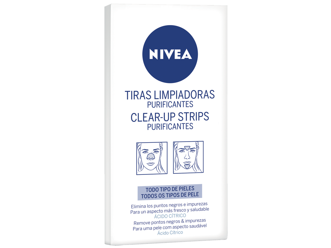NIVEA Clear-Up Strips Purificantes, para todos os tipos de pele, remove pontos negros e impurezas com Ácido Cítrico.