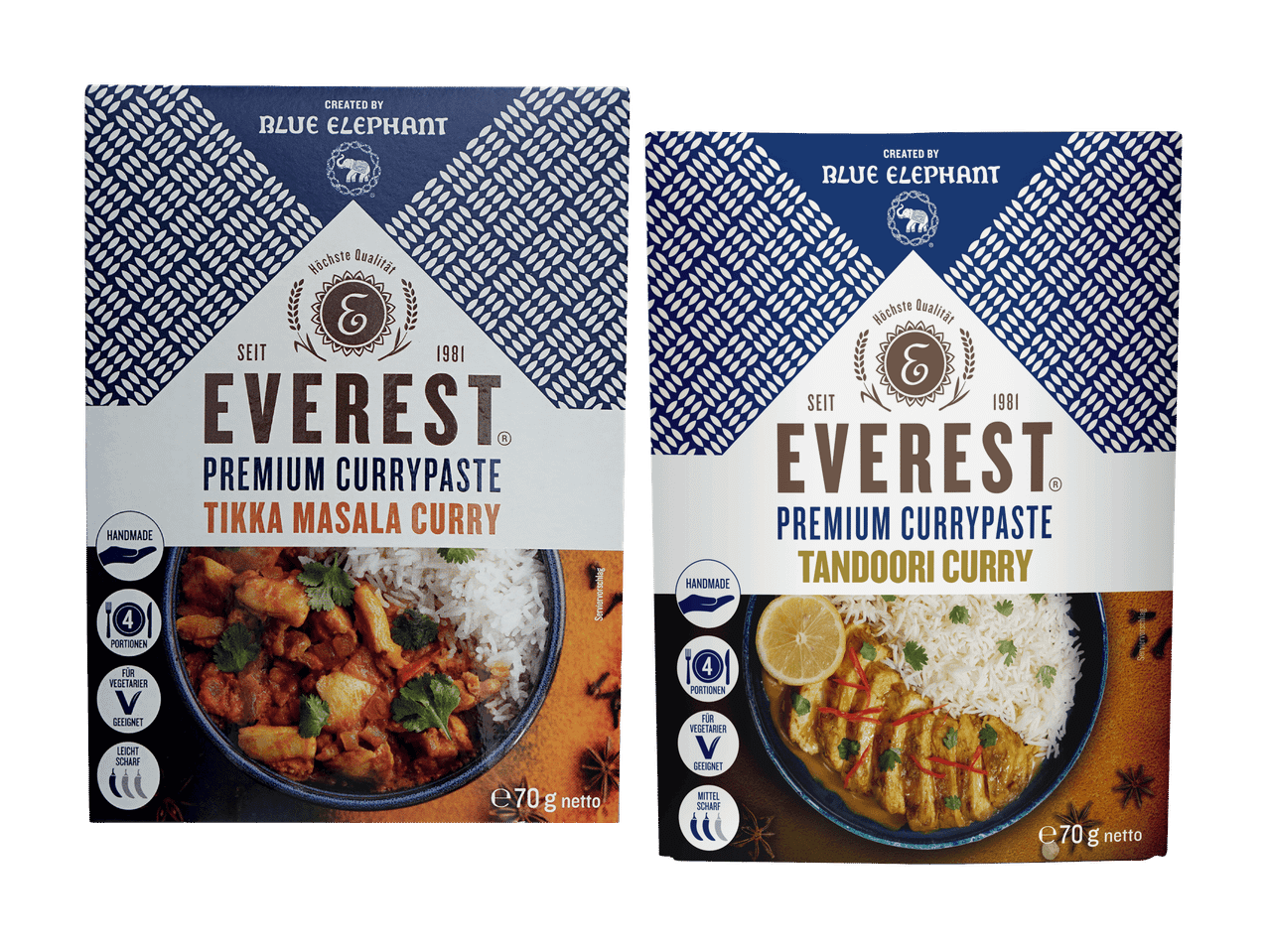 Zwei Packungen Blue Elephant Everest Currypaste: Tikka Masala und Tandoori.