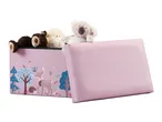 Pink storage box with forest animals and plush toys, including a bear, sheep, and koala.
