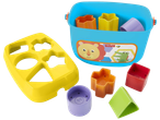 Fisher-Price baby shape sorter bucket with various colorful shapes and a yellow lid.
