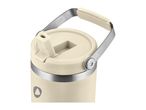 Cream-colored insulated water bottle with a metal handle and a flip-top lid.