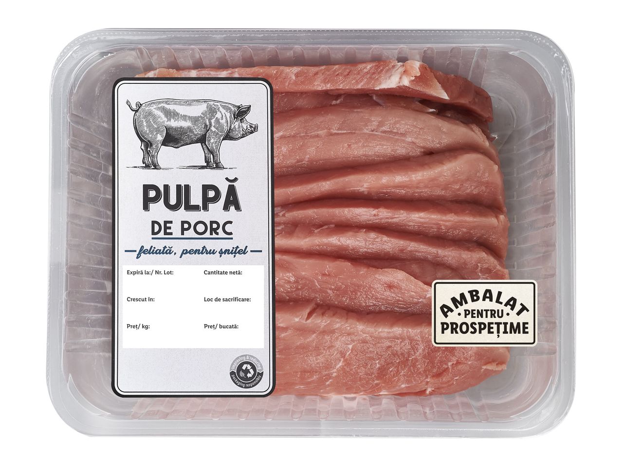 Pulpă de porc feliată, ambalată pentru prospețime.