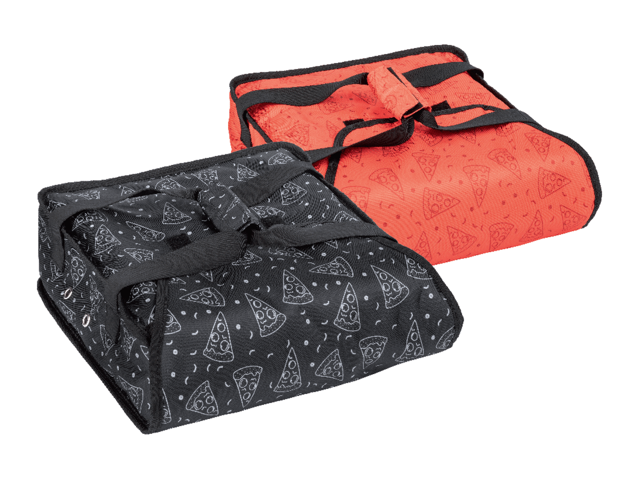 Kaks pitsalõikude mustriga pitsa termokotti, üks must ja teine punane.